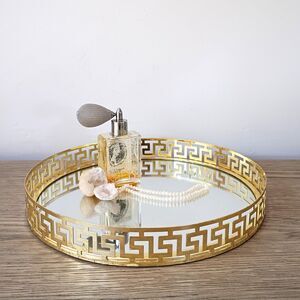 Vintage Round Gold Mirror Tray Greek Key Serving Tray Dresser Valet